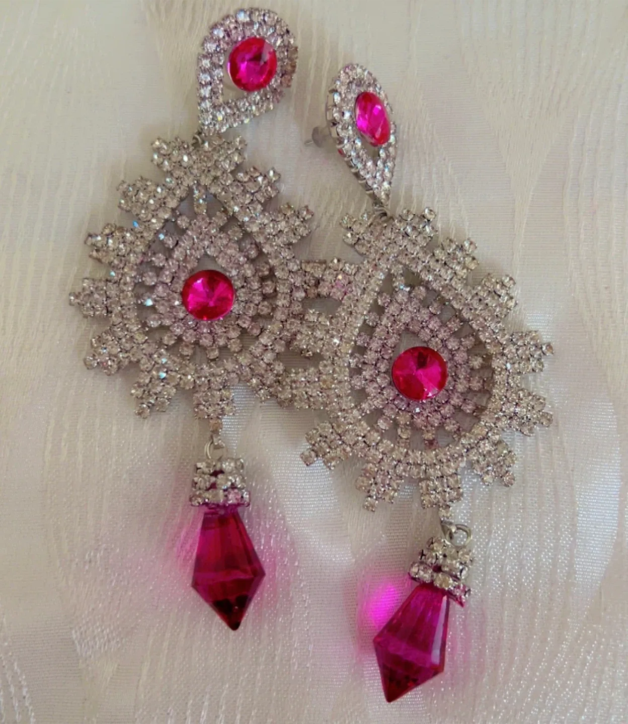 Rhinestone Dangle Earrings - Pink and Silver