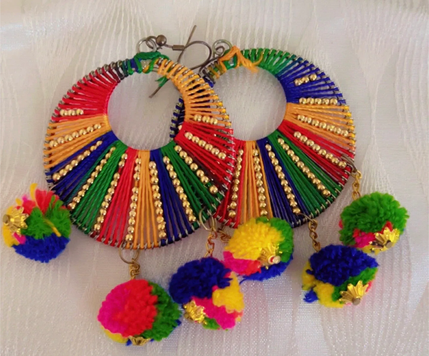 Colorful Threaded Hoop Earrings with Pom Poms