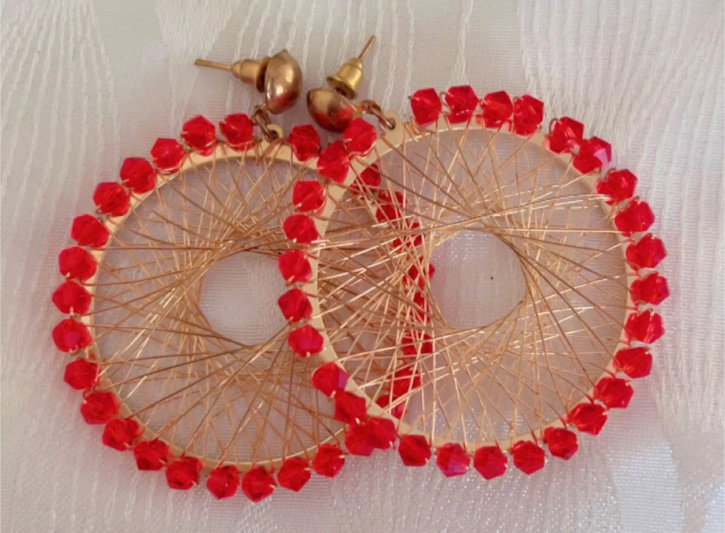 Handmade Gold Wire Earrings with Red Beads