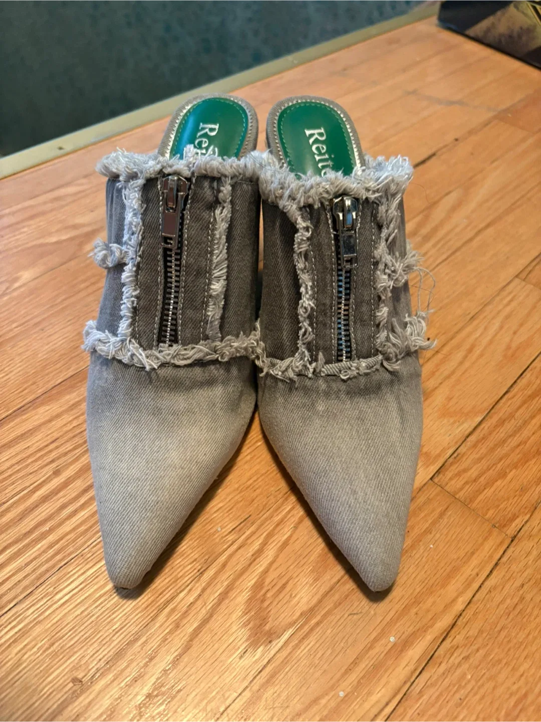 Denim Wedge Mules, Size 8