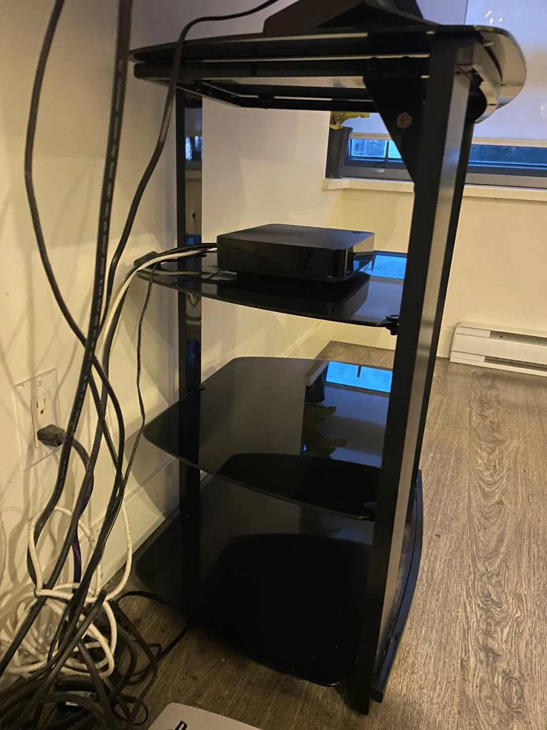 Black tv/media stand with black glass shelves - photo 2