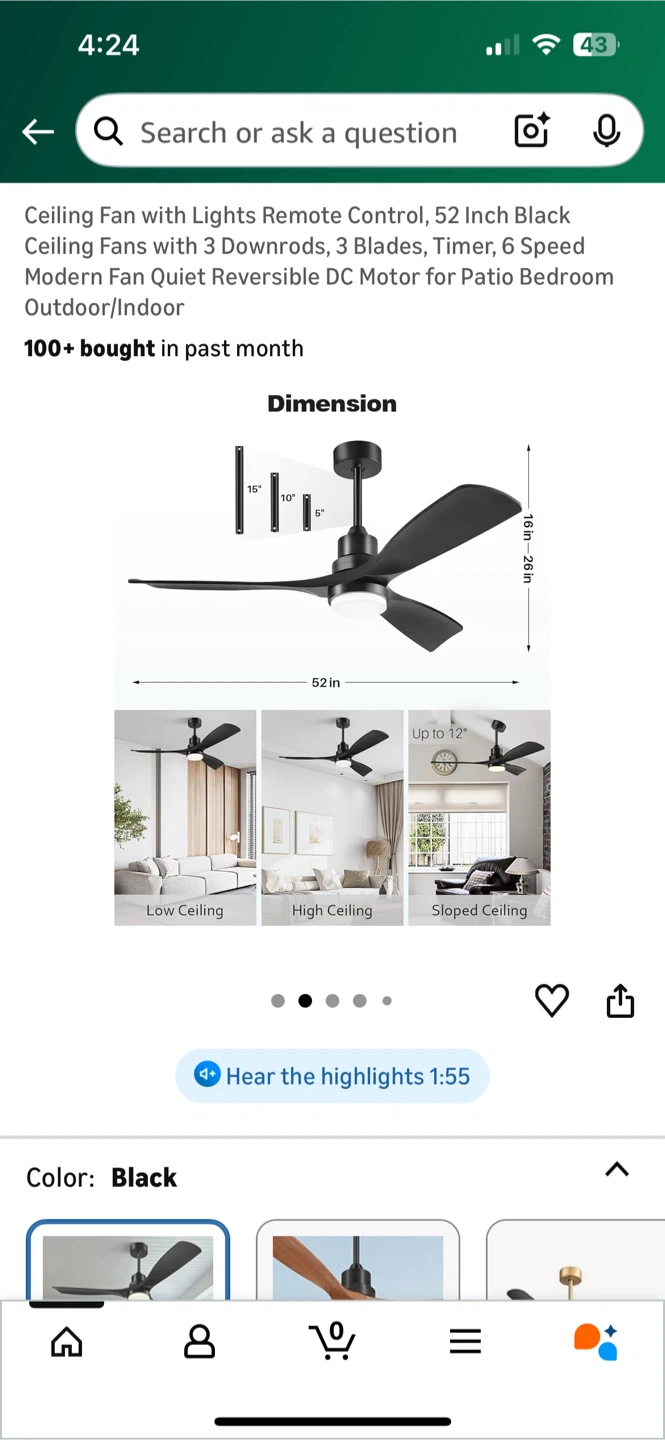 52 Inch Black Ceiling Fan with Lights NEW