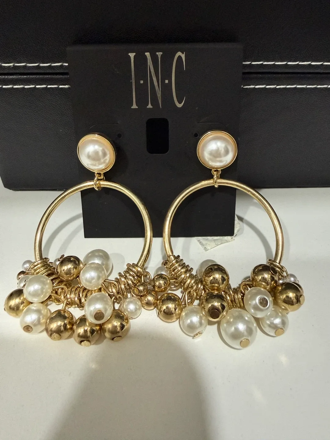 I-N-C Gold Tone Hoop Earrings with Pearls thumbnail
