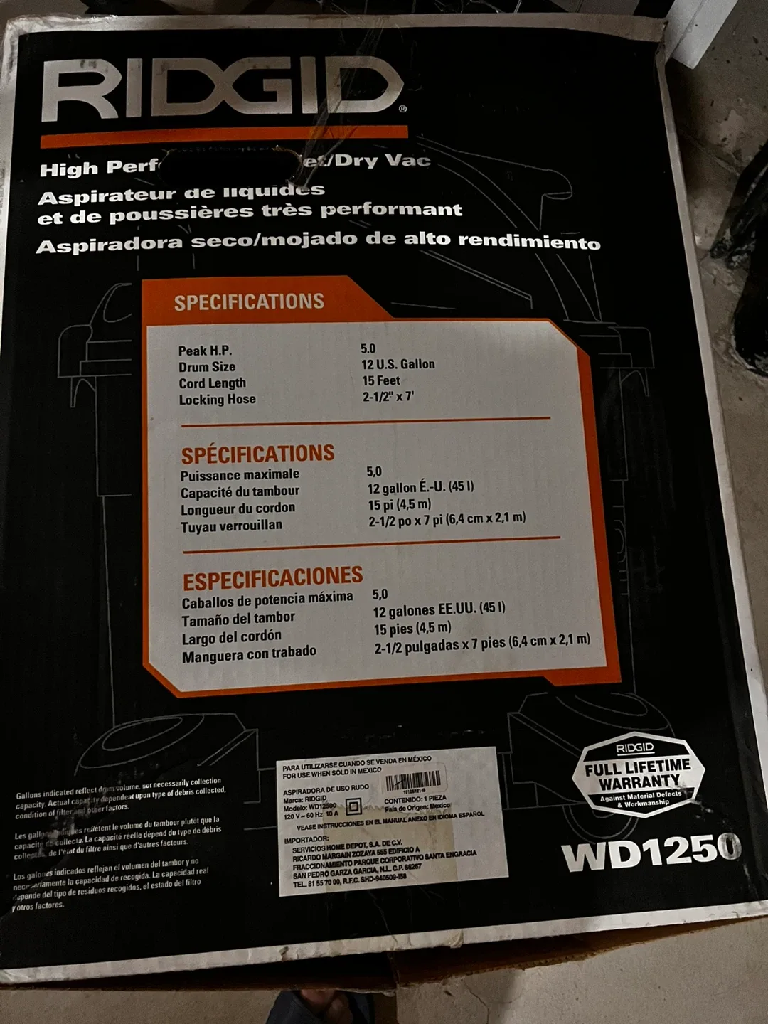 RIDGID WD1250 Wet/Dry Vac - 12 U.S. Gallon image indicator(3)