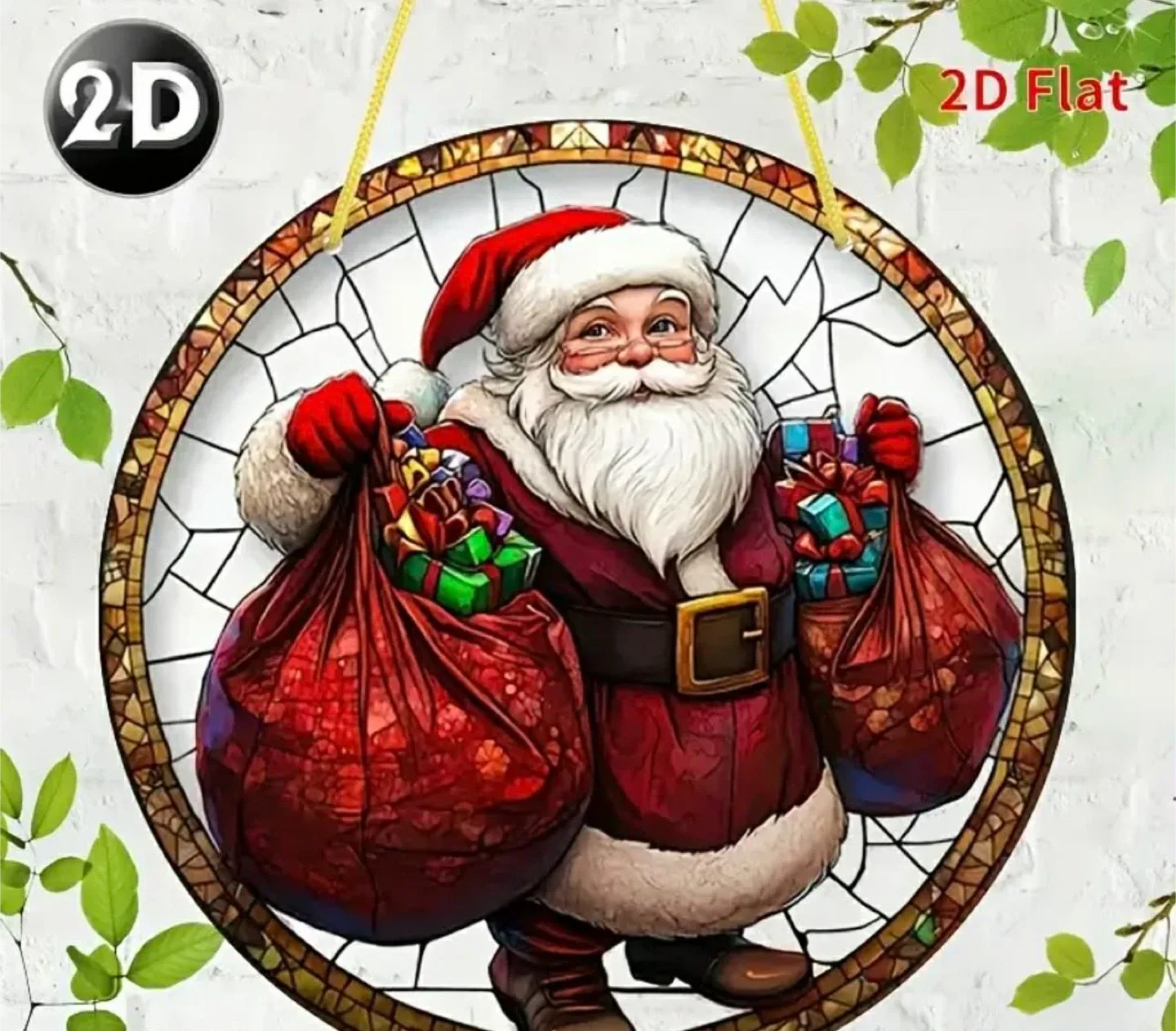 2D Christmas acrylic sun catcher.  Santa & glitter bags