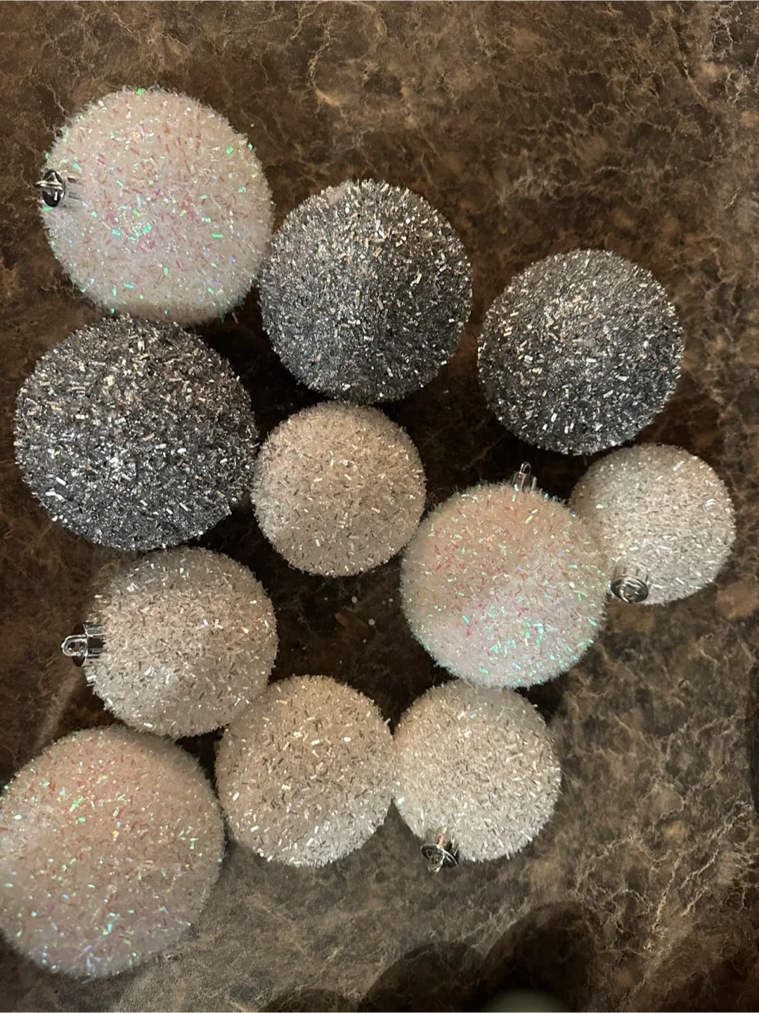 Silver & White Glitter Christmas Ornaments