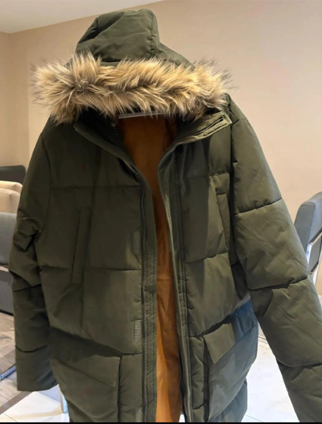 Men's Olive Green Puffer Winter Jacket with Faux Fur Hood