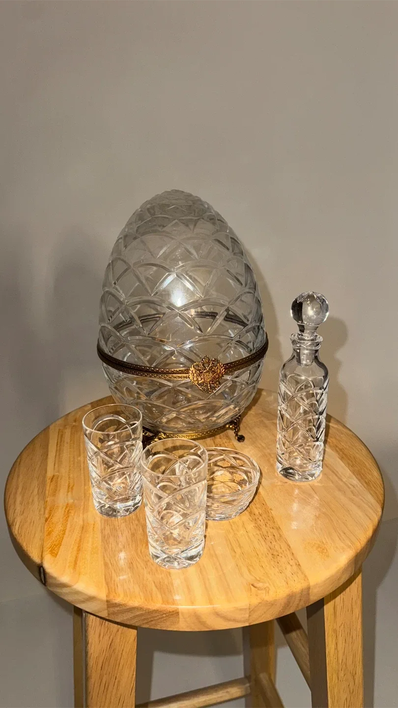 SIGNED FABERGE, CRYSTAL EGG-FORM CAVIAR/VODKA SET. image indicator(2)