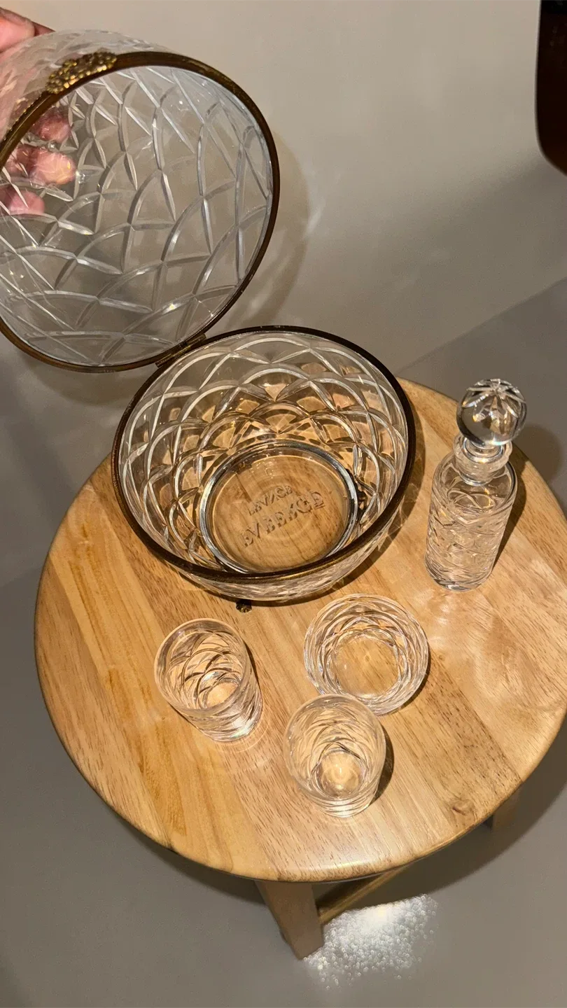 SIGNED FABERGE, CRYSTAL EGG-FORM CAVIAR/VODKA SET. image indicator(3)