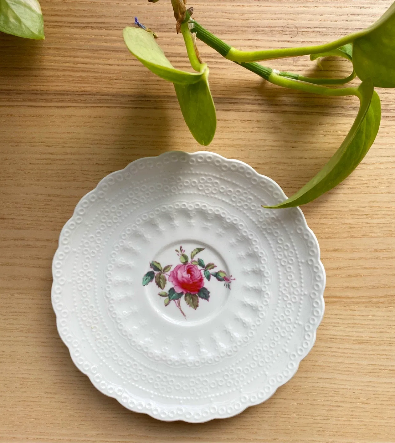 🥕Vintage White Porcelain Saucer with Rose Design