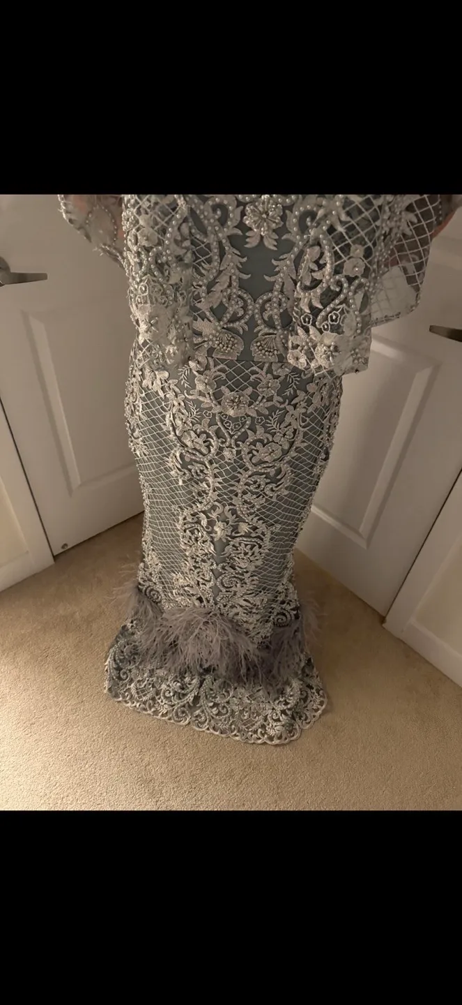 Grey Embellished Evening Gown with Cape image indicator(2)