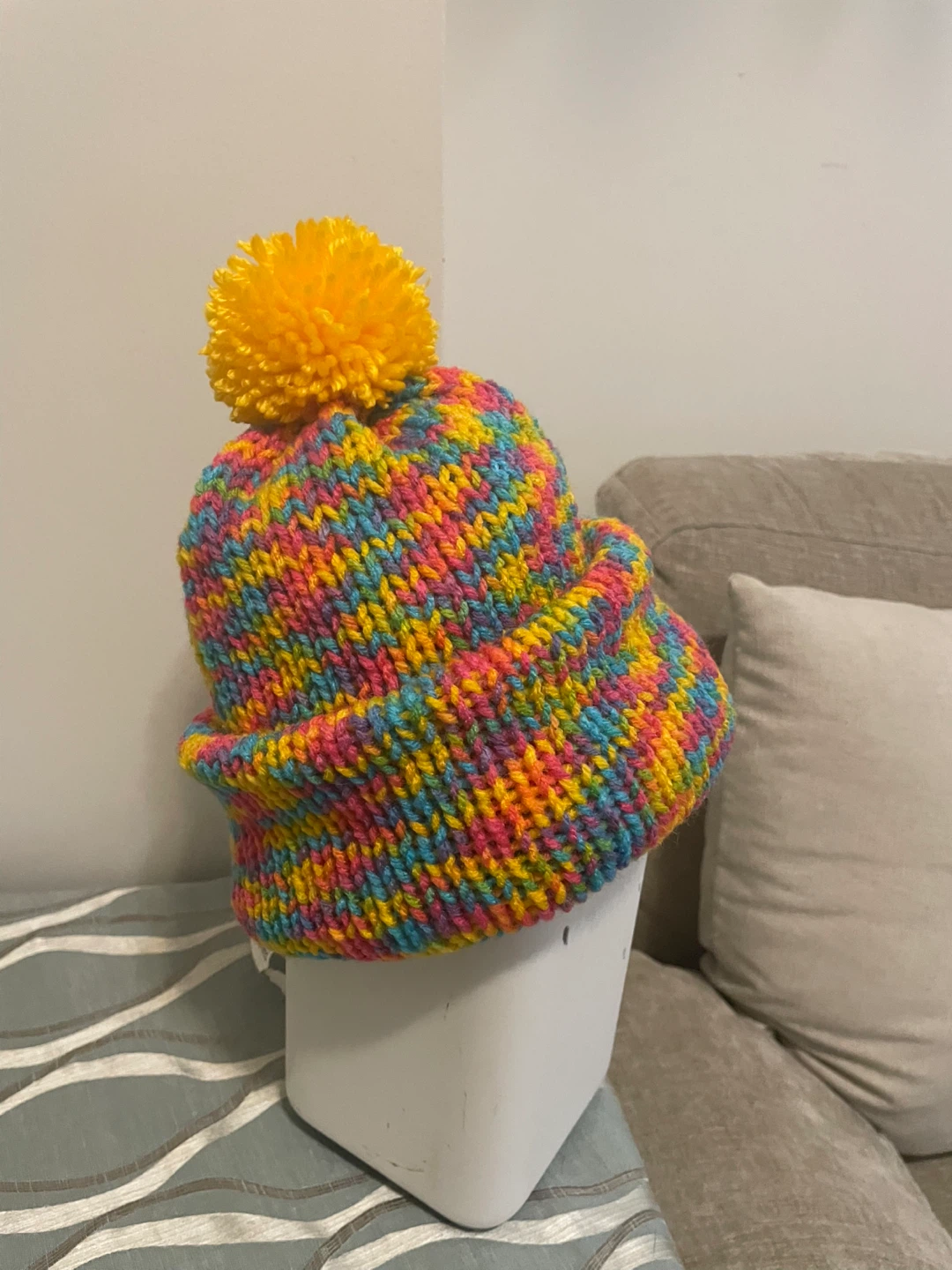 Hand-knitted Rainbow Beanie with PomPom🥕 - photo 3