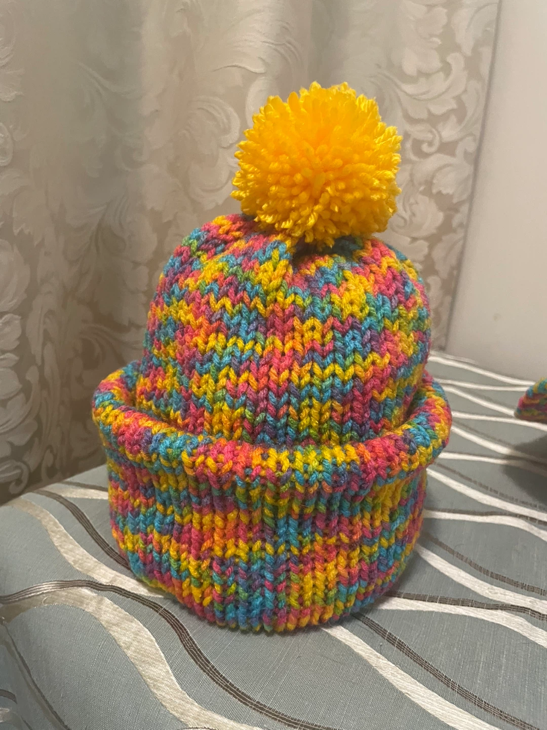 Hand-knitted Rainbow Beanie with PomPom🥕