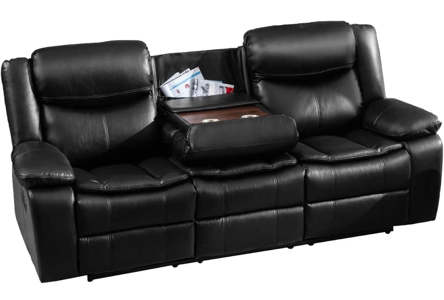 Black Leather Reclining Sofa with Cup Holders image indicator(6)