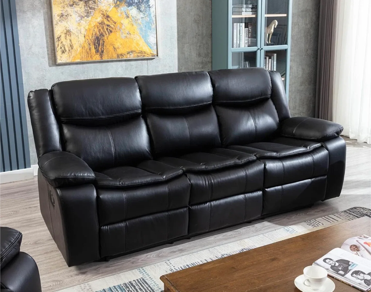 Black Leather Reclining Sofa with Cup Holders image indicator(5)