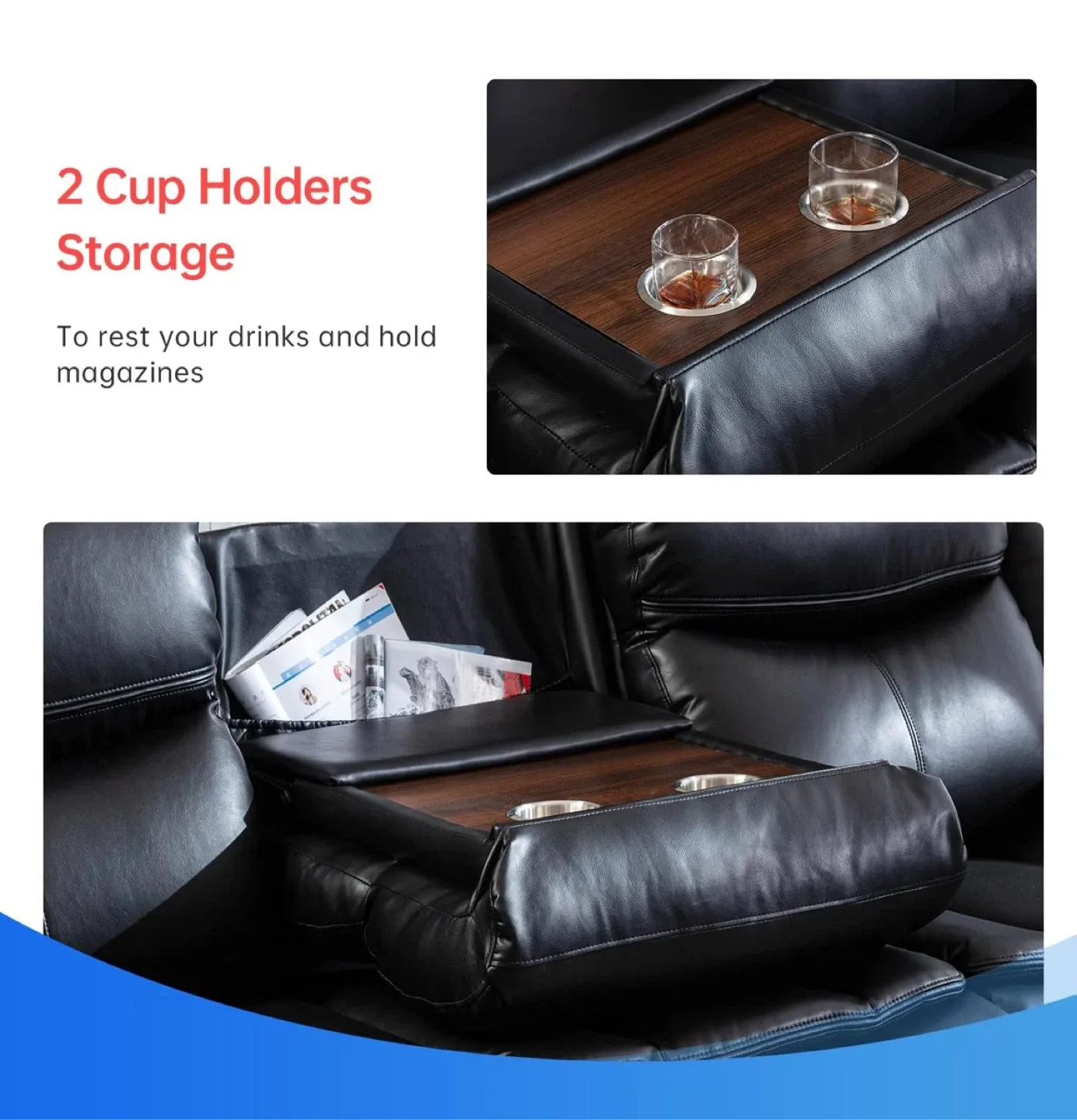 Black Leather Reclining Sofa with Cup Holders image indicator(3)