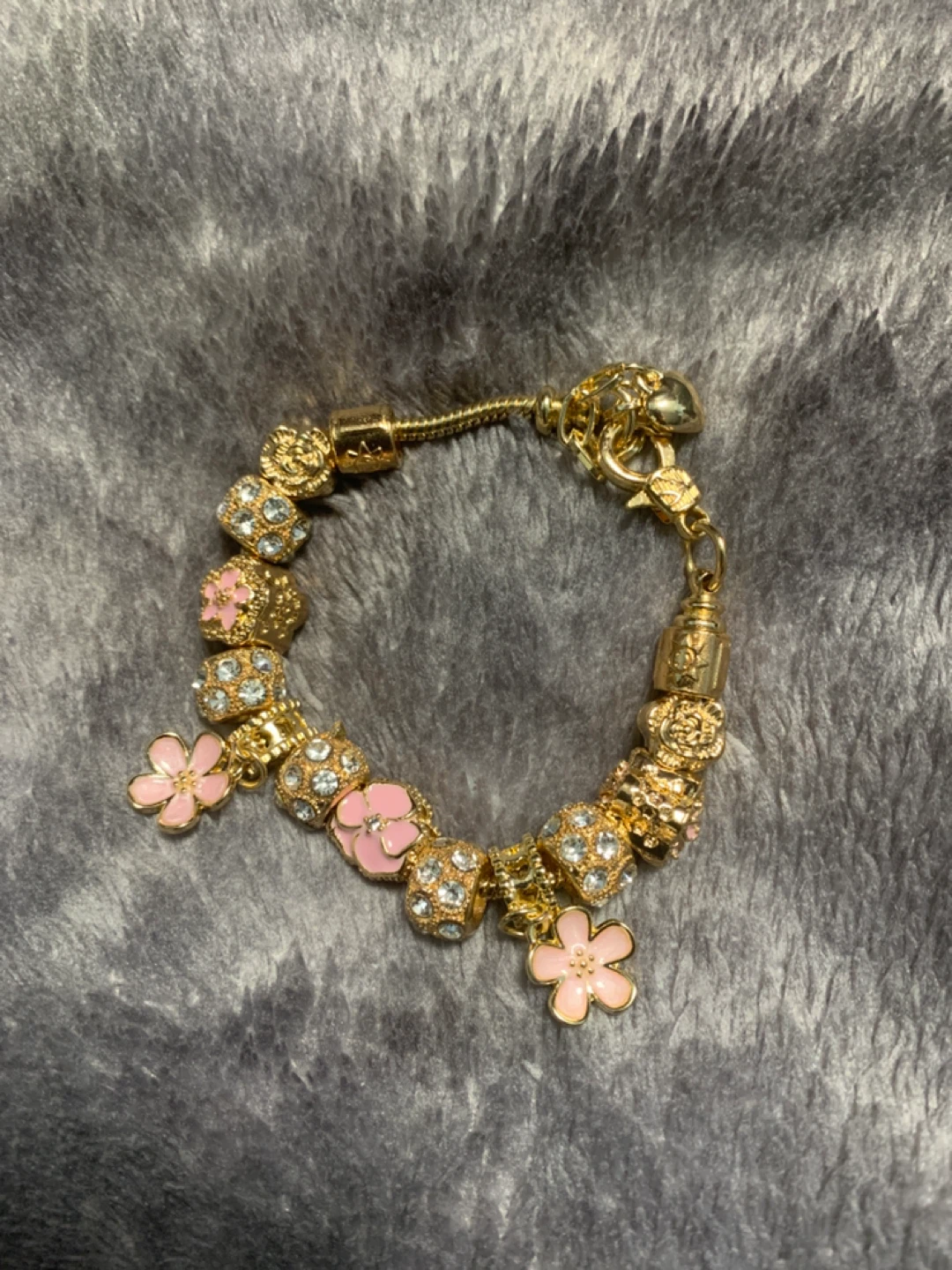 Gold Tone Plated Charms and Bracelet  with Pink Flowers