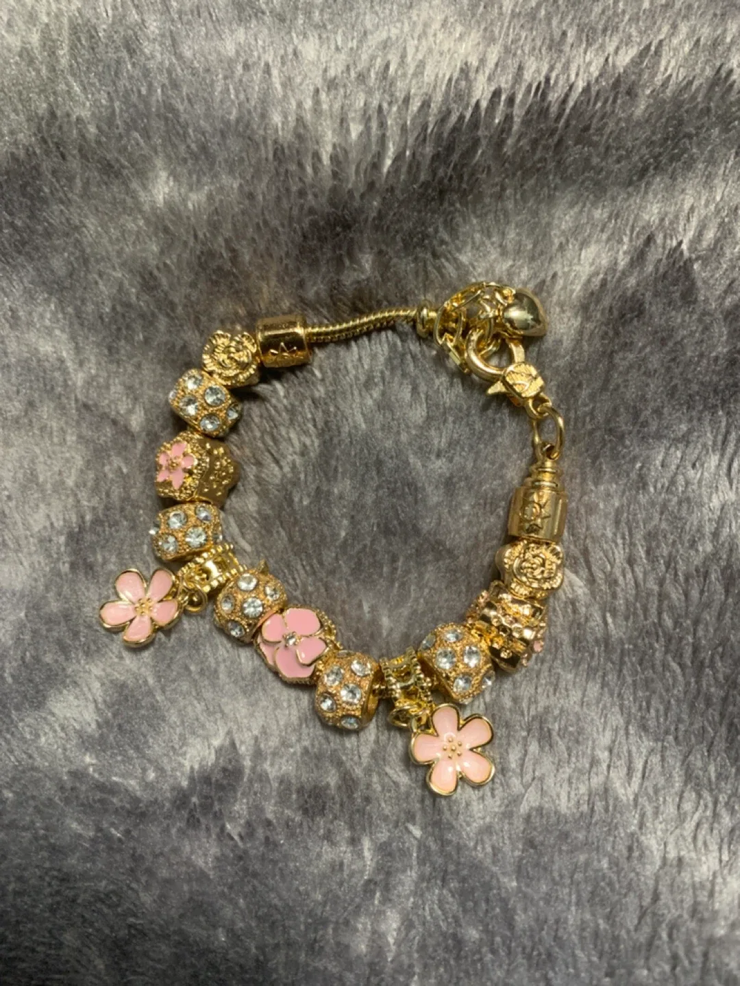 Gold Tone Plated Charms and Bracelet  with Pink Flowers thumbnail