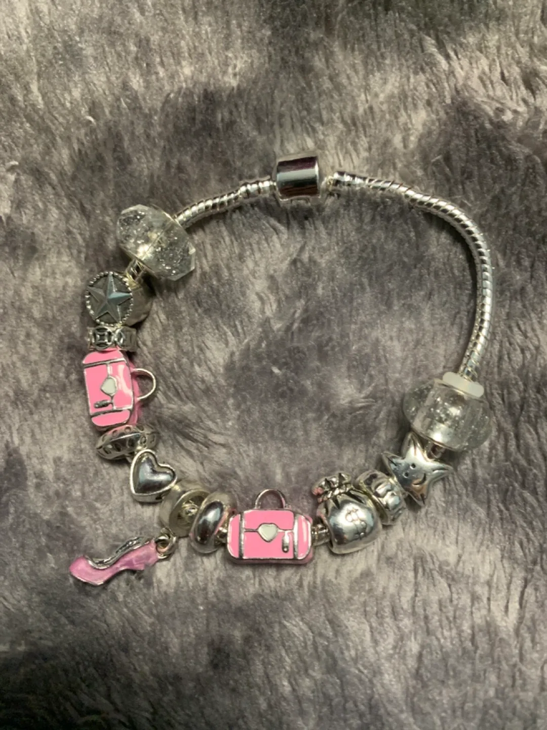 Charm  S925 Silver Bracelet - Pink & Silver thumbnail