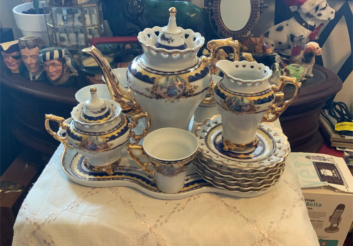 Vintage Tea Set - Blue, White, and Gold