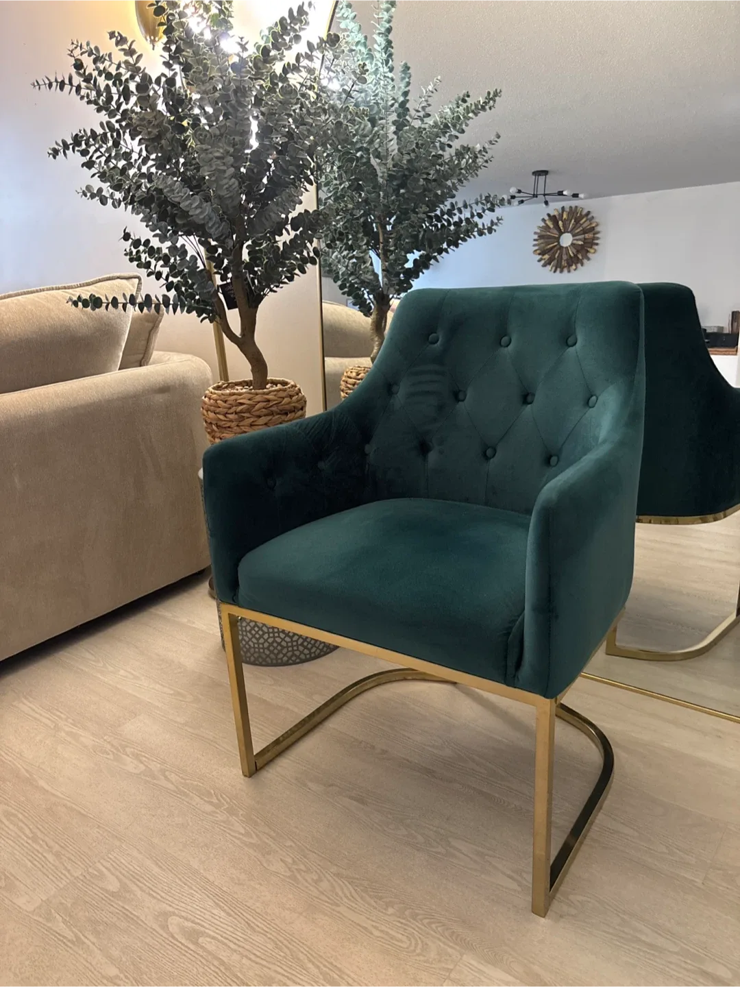 Green Velvet Accent Chair with Gold Legs