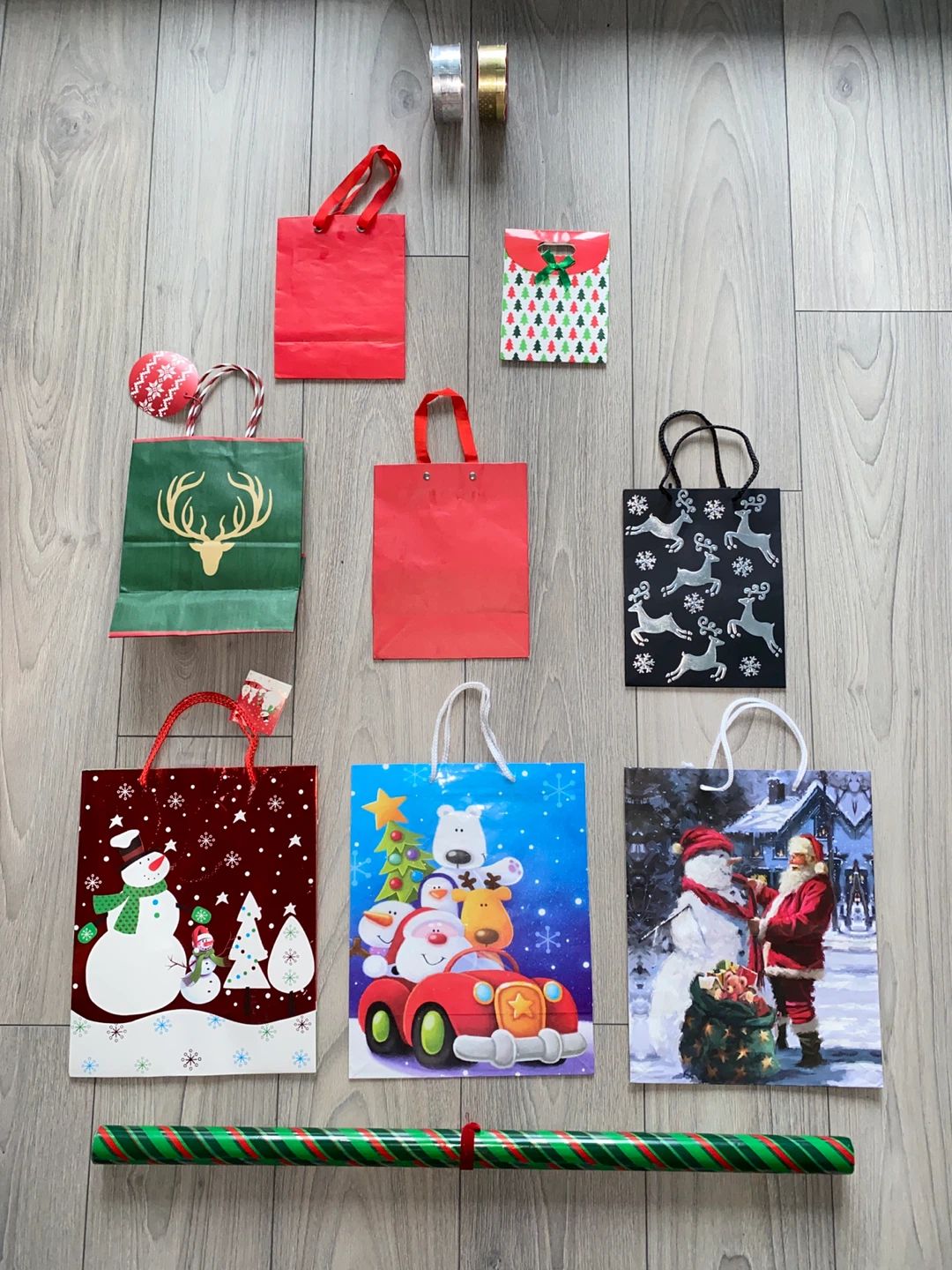 Christmas Supplies Bundle - Gift Bags, Roll & Decorative Ribbons