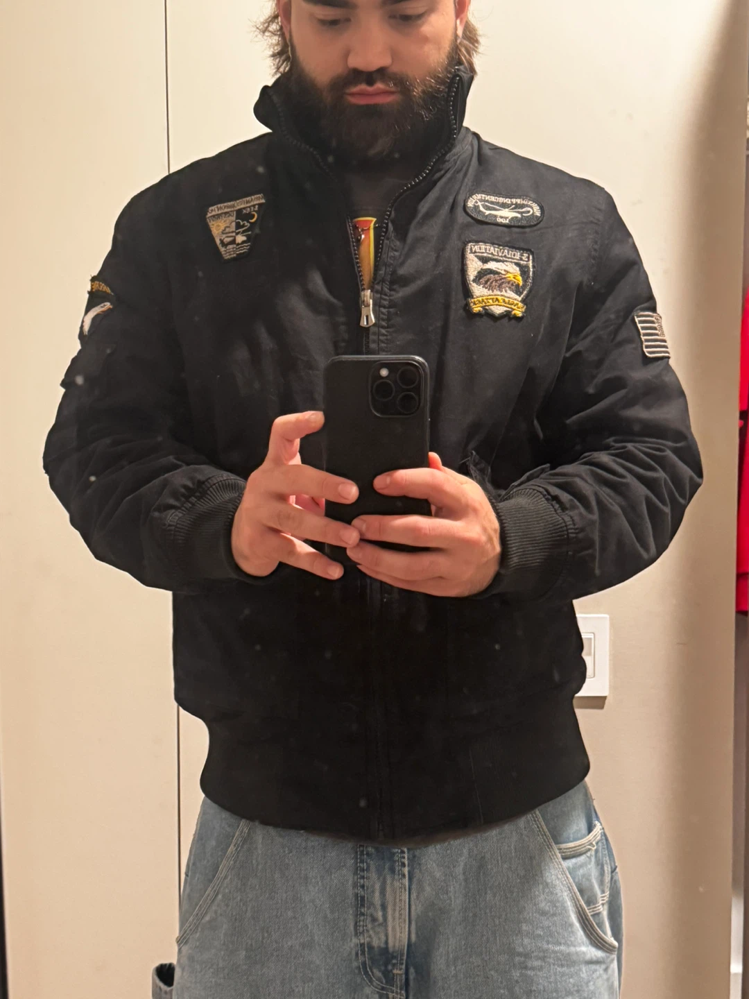 Black Bomber Jacket with Patches