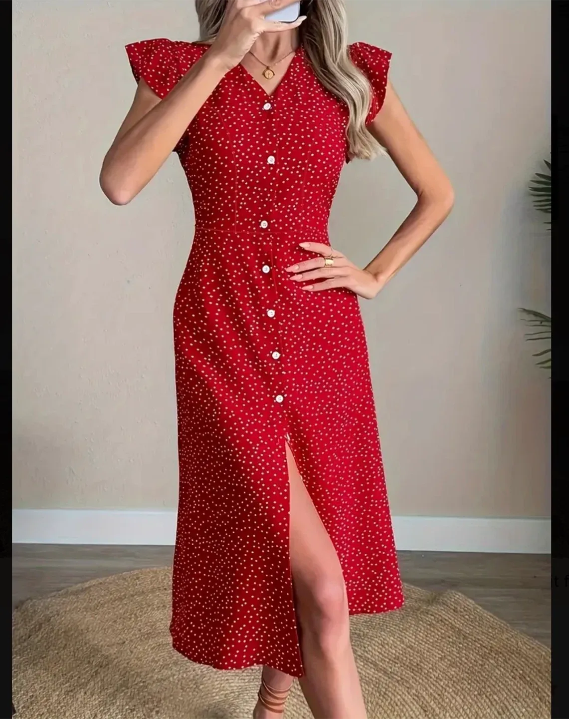 Red Polka Dot Midi Dress image indicator(2)