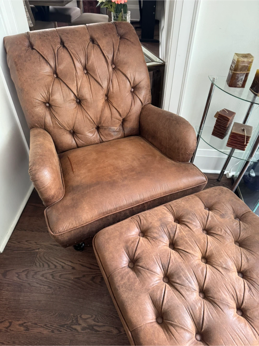 Brown Leather Tufted Armchair and Ottoman Set