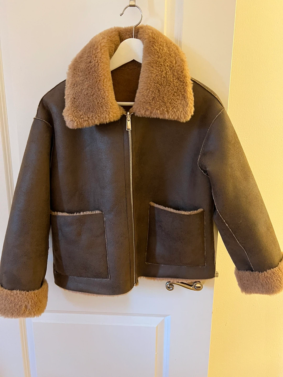 MNG Brown Faux Shearling Jacket - Size M