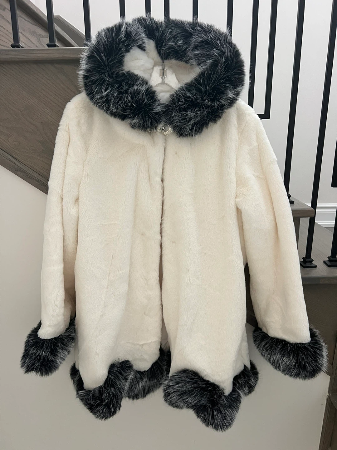 Faux Fur Coat - White with Black Trim