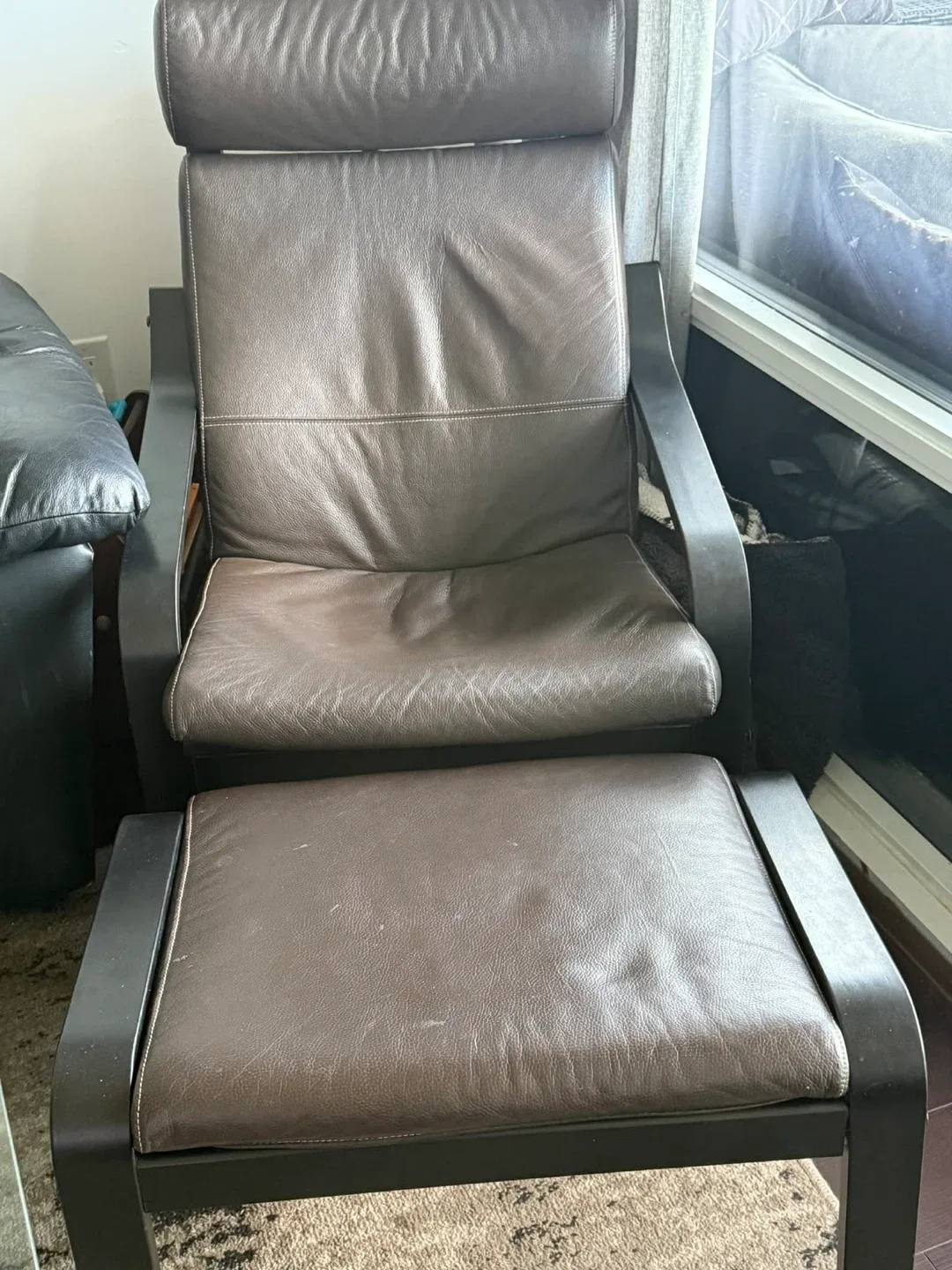 IKEA Poang Chair and Footstool - Brown Leather image indicator(2)