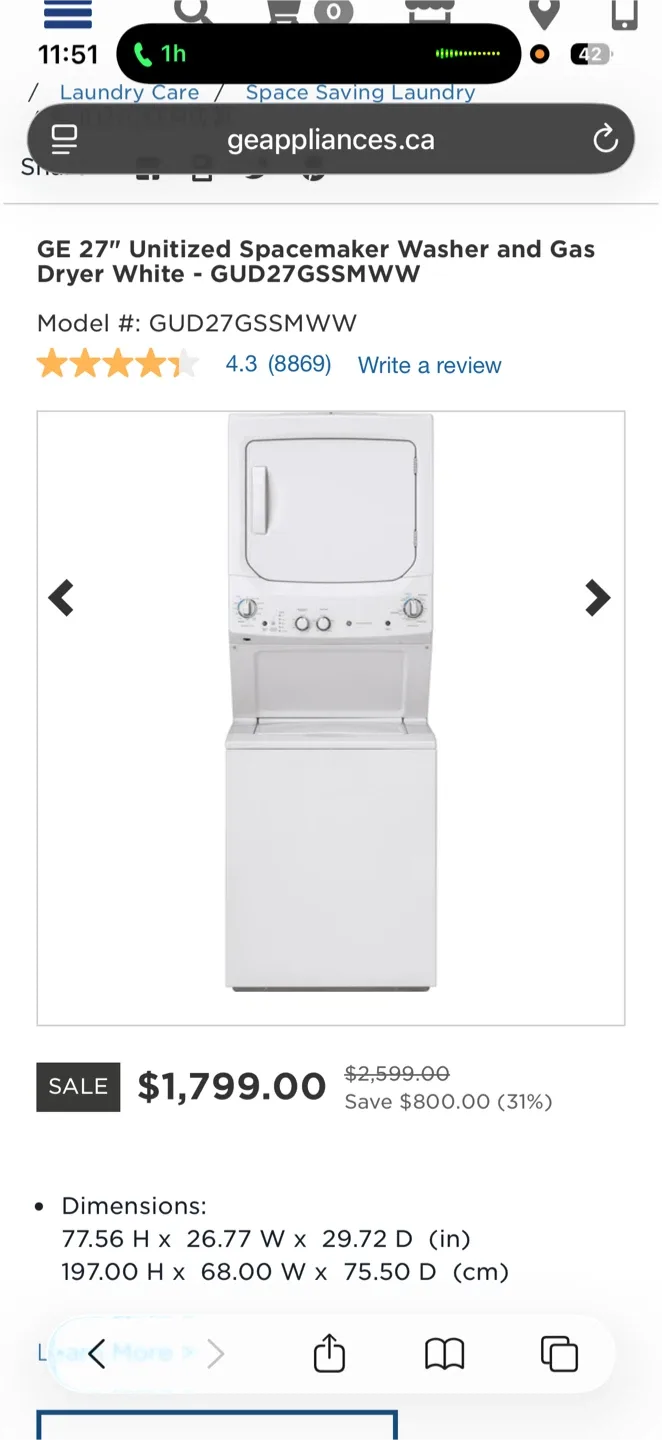 GE 27" Unitized Spacemaker Washer & Gas Dryer - White