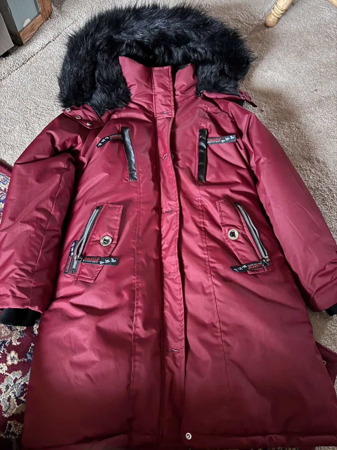 Burgundy Winter Parka with Fur Hood thumbnail