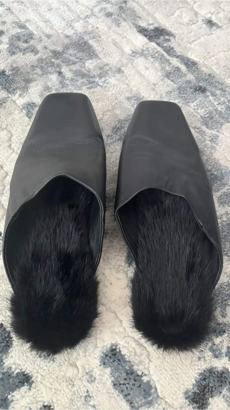 Black Leather & Fur Mules