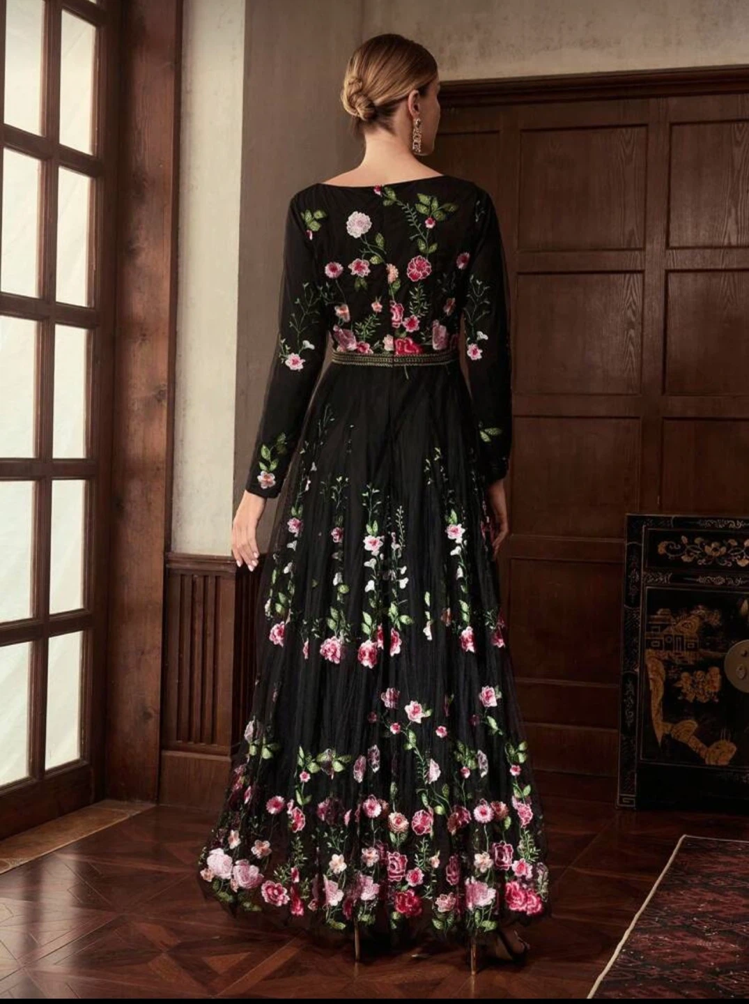 Black Floral Embroidered Long Sleeve Dress. Modest dress - photo 3