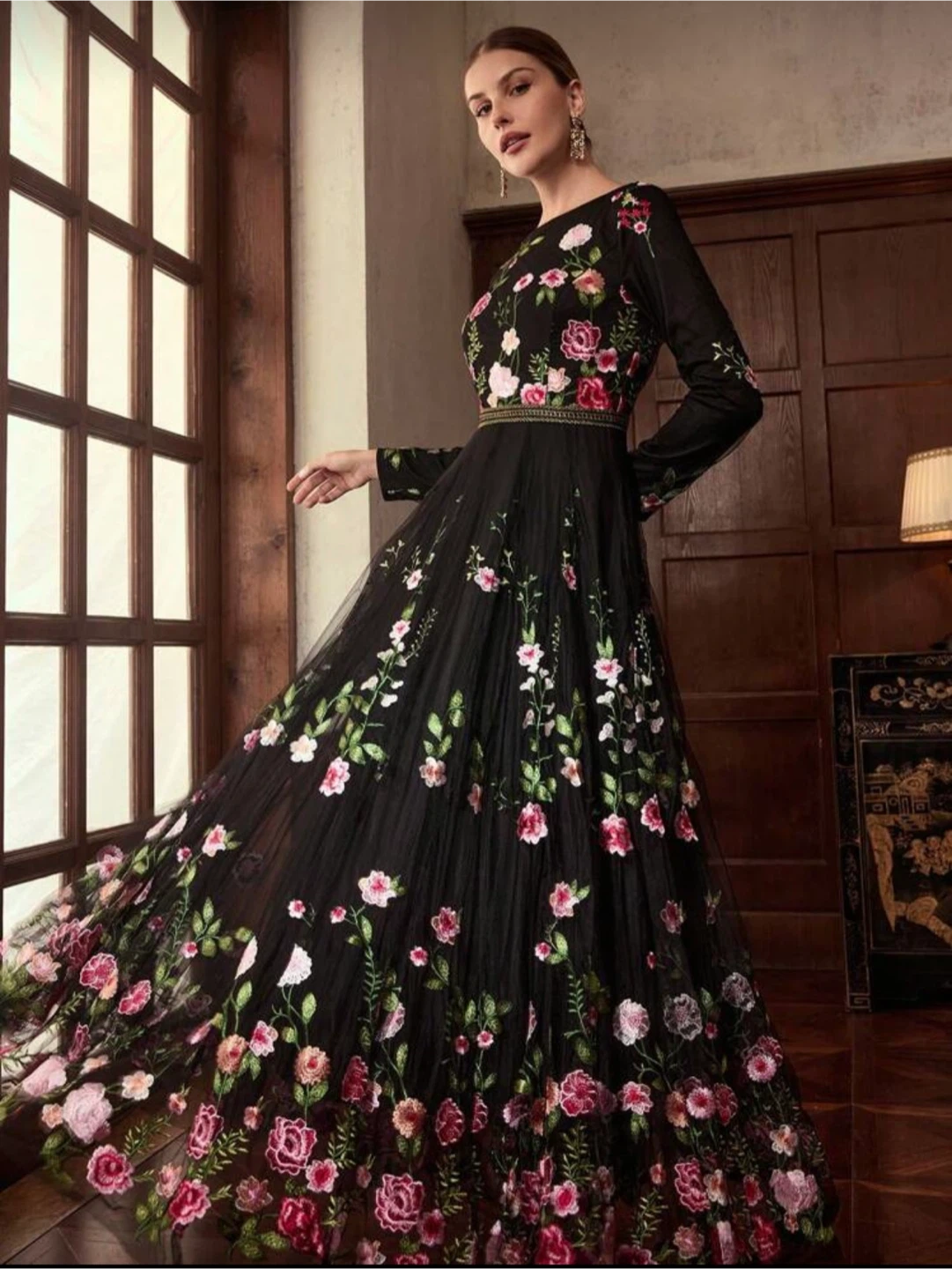 Black Floral Embroidered Long Sleeve Dress. Modest dress - photo 4