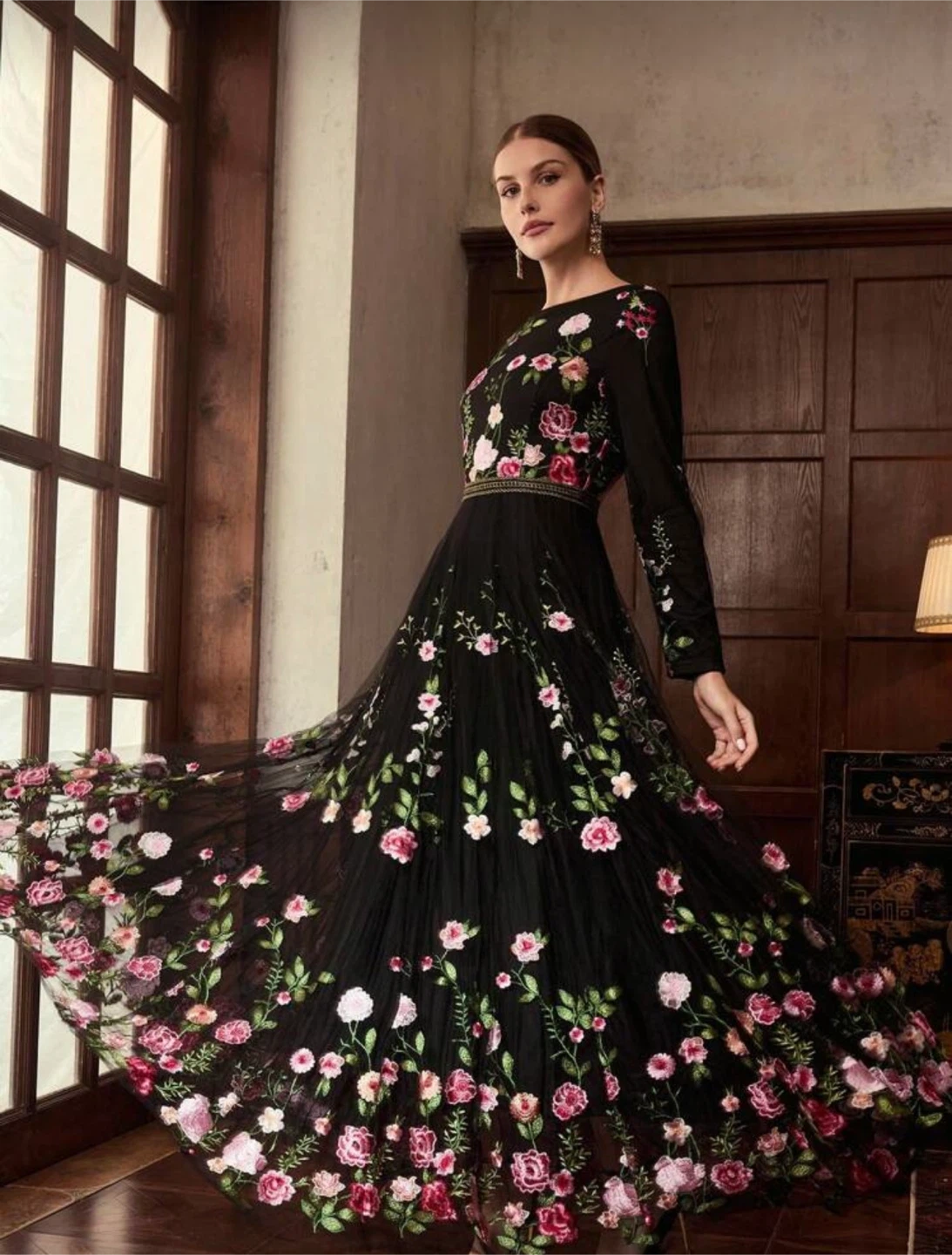 Black Floral Embroidered Long Sleeve Dress. Modest dress - photo 5