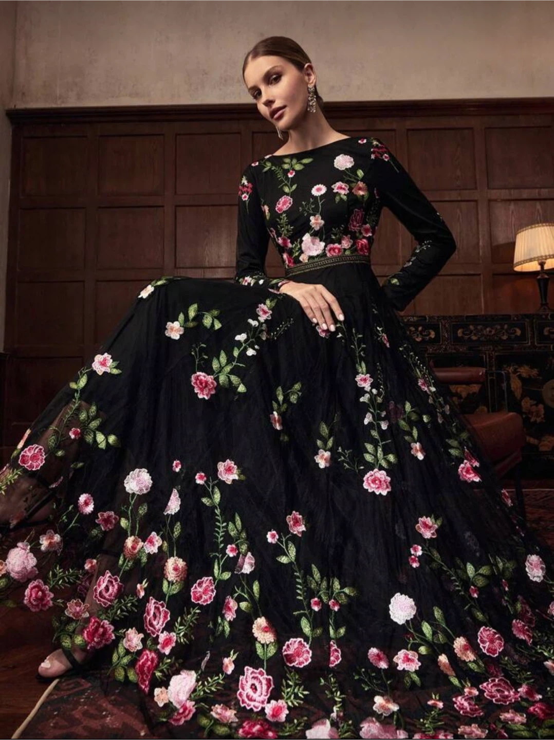 Black Floral Embroidered Long Sleeve Dress. Modest dress