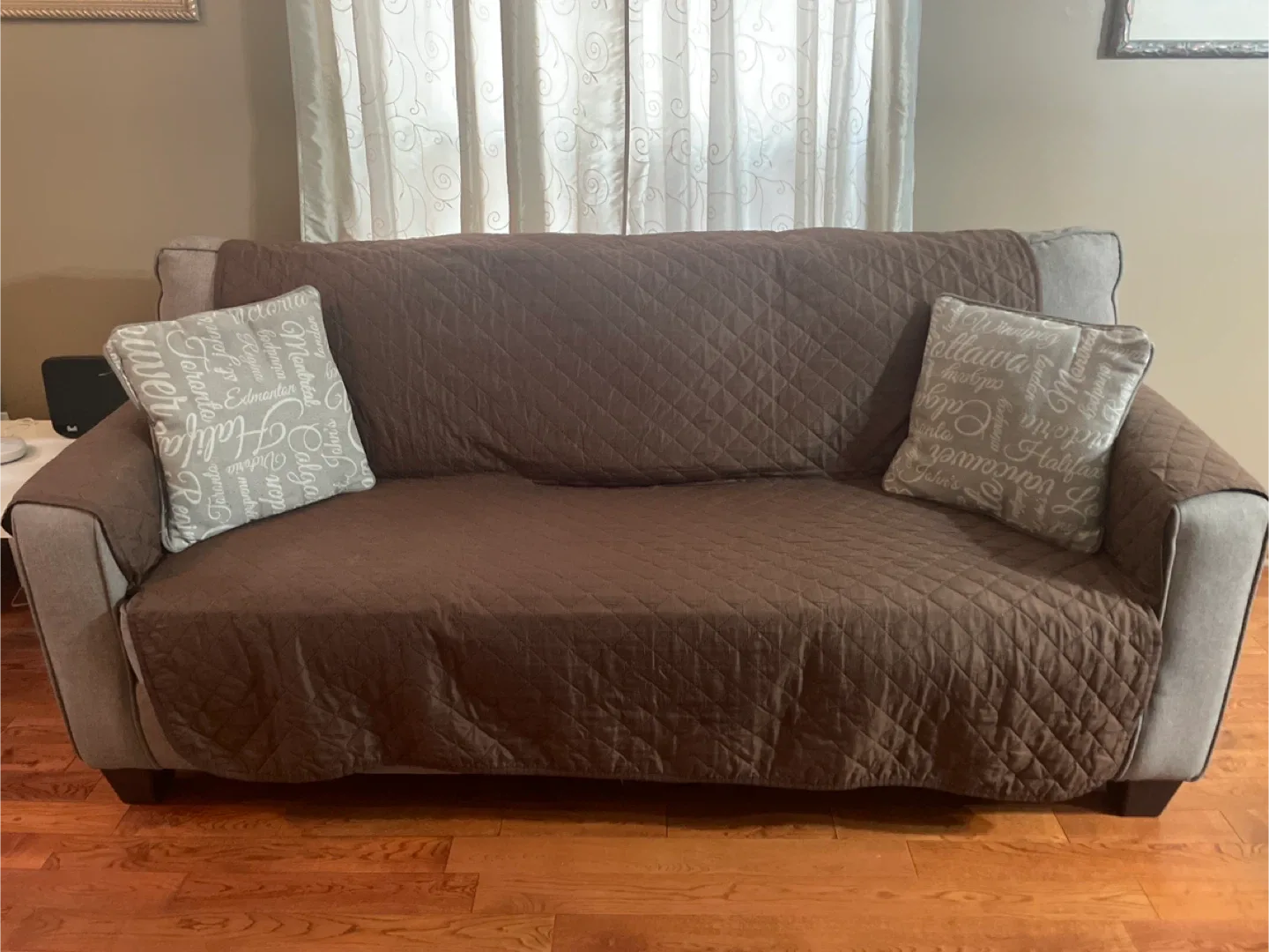 Grey Loveseat Sofa with Brown Quilted Cover image indicator(2)