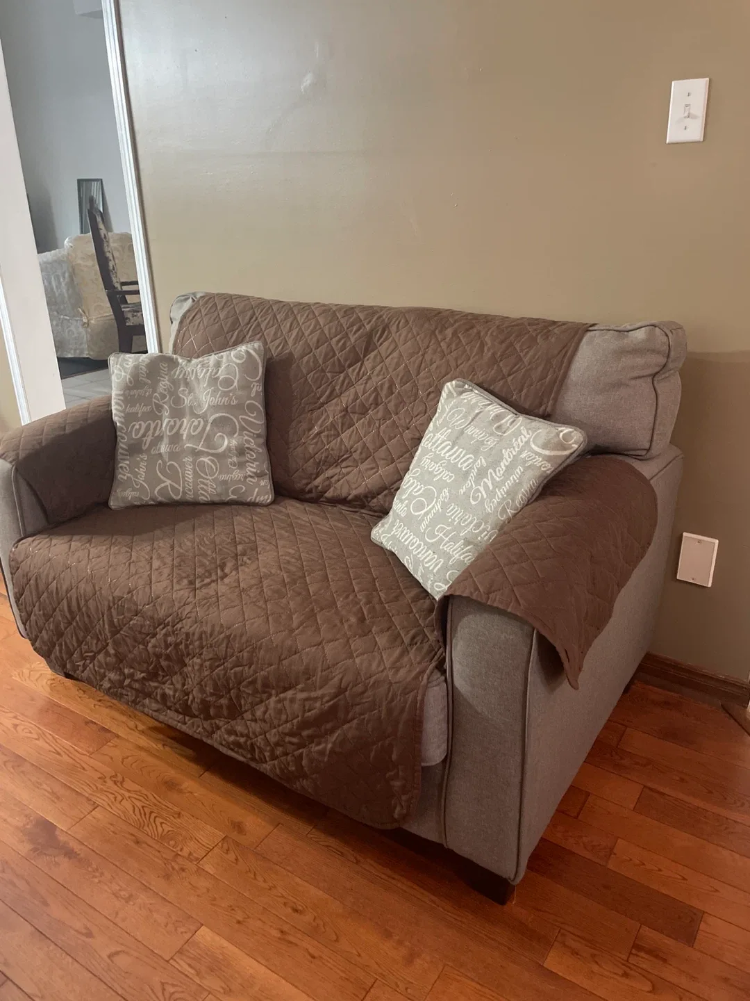 Grey Loveseat Sofa with Brown Quilted Cover image indicator(3)