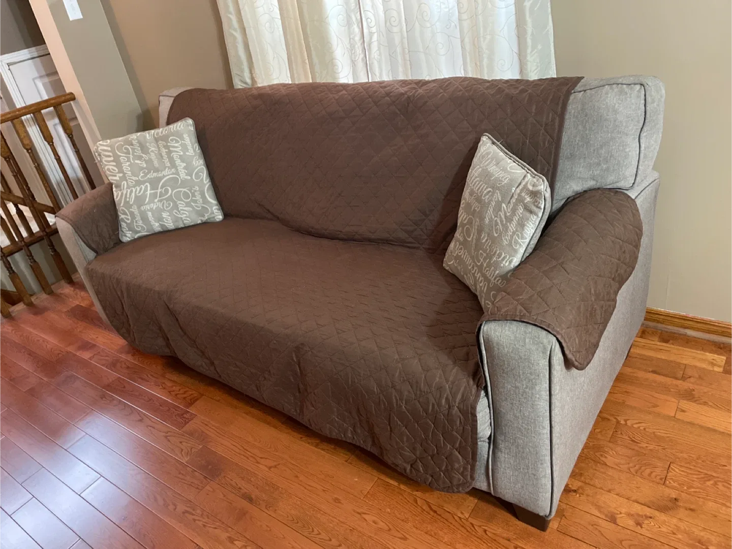 Grey Loveseat Sofa with Brown Quilted Cover image indicator(4)