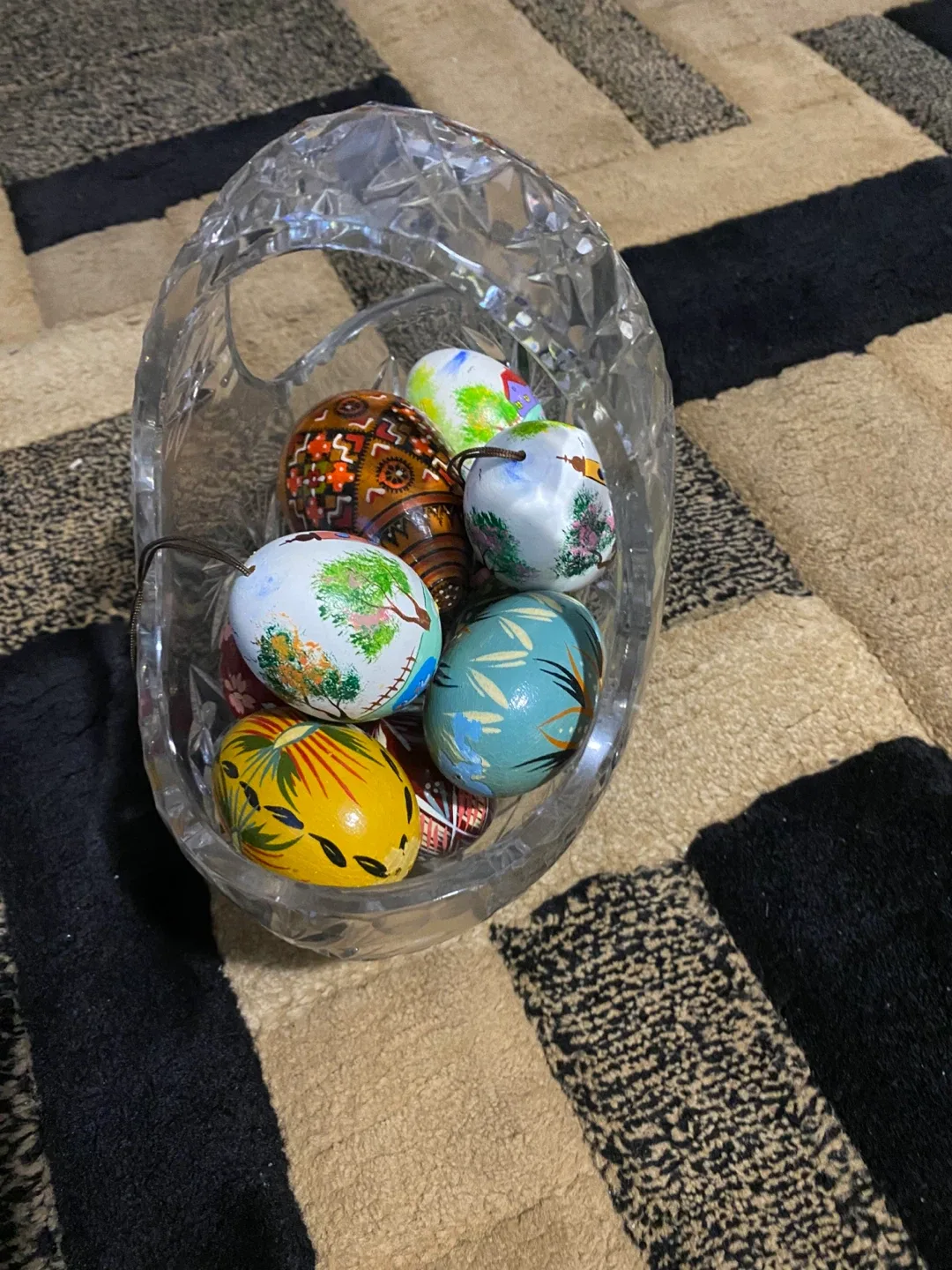 Hand-Painted Easter Eggs in Crystal Bowl
