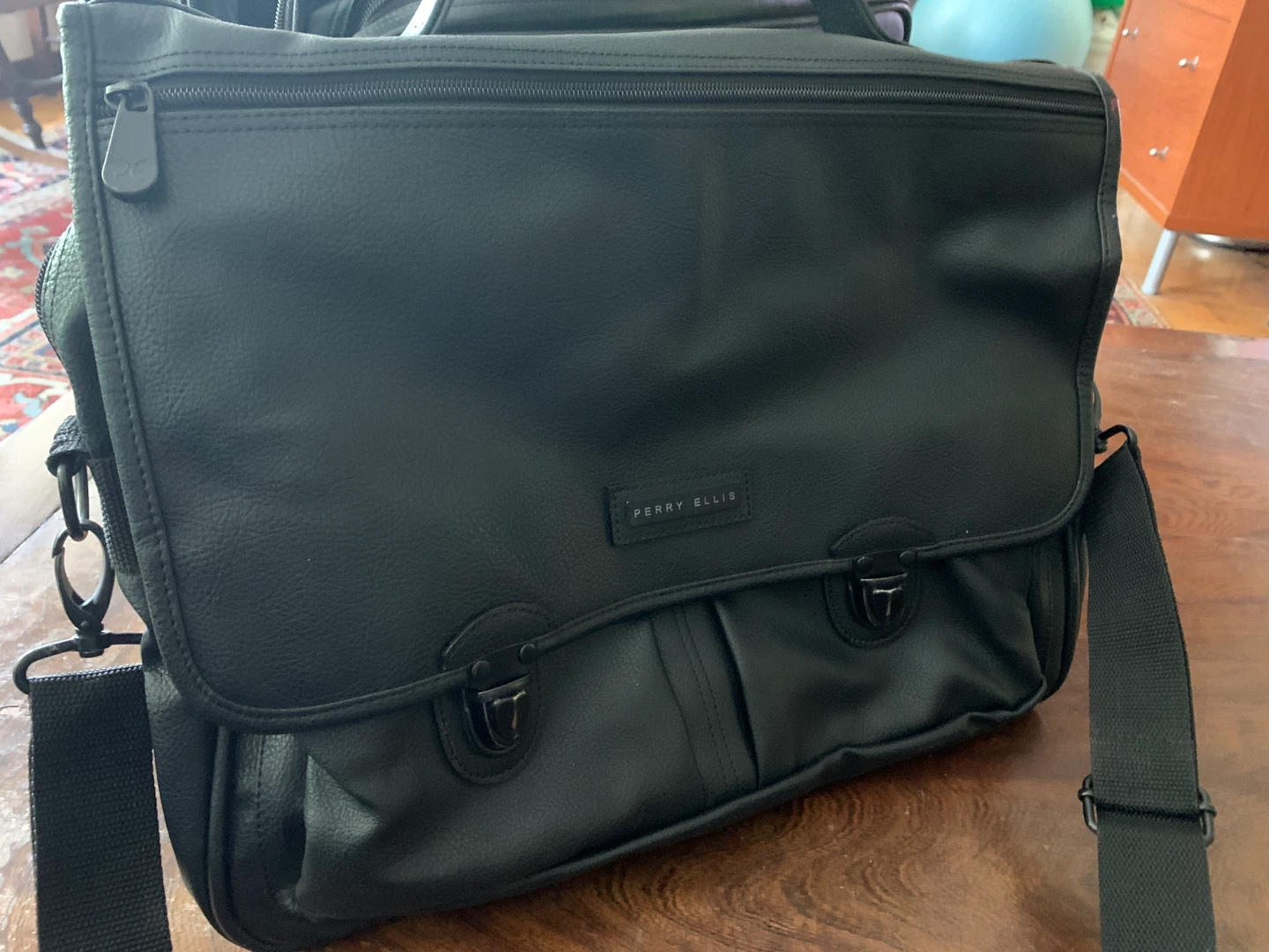 Perry Ellis Black Leather Messenger Bag