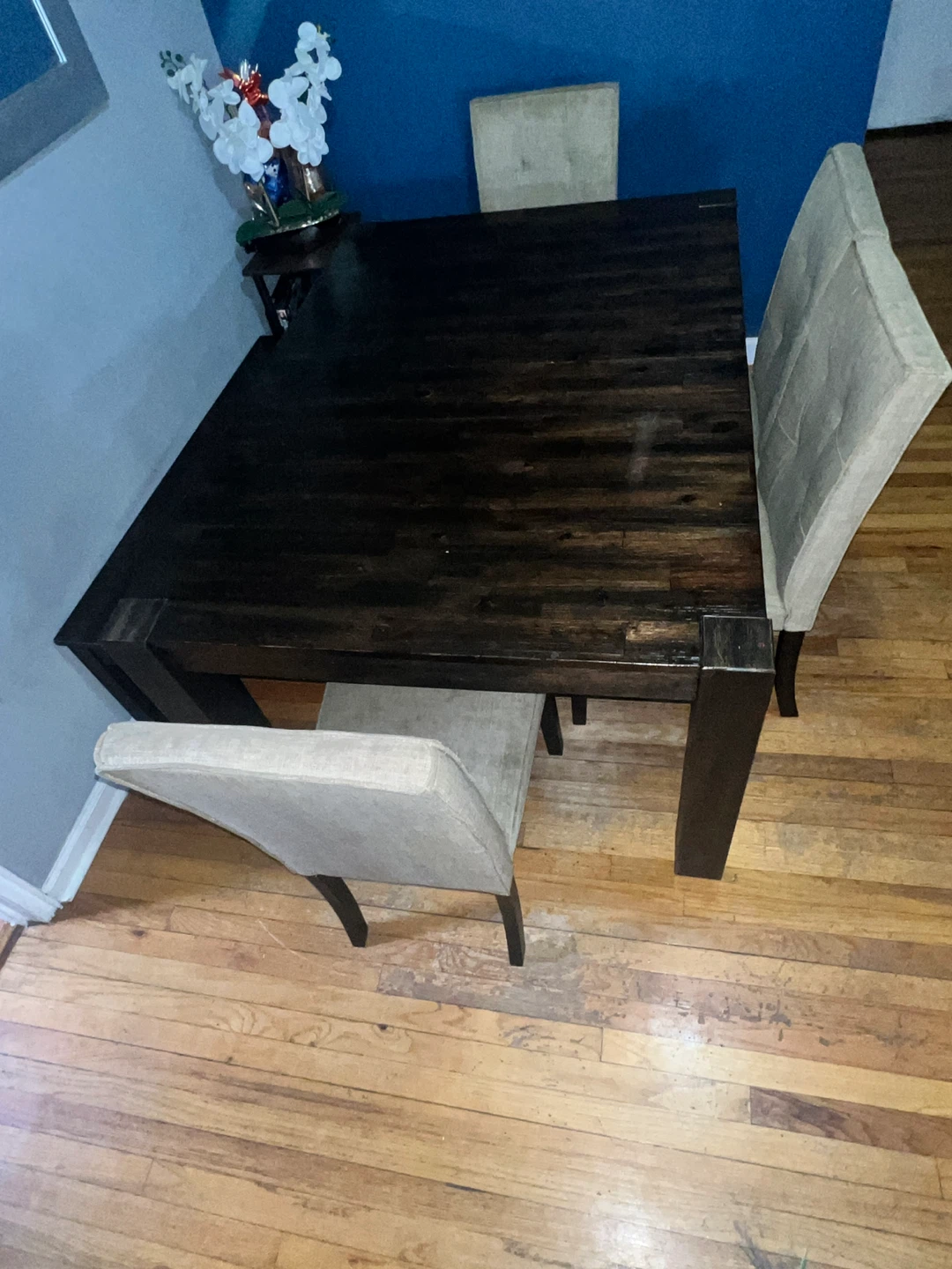 Dark Wood Dining Table with 3 Chairs & Bench