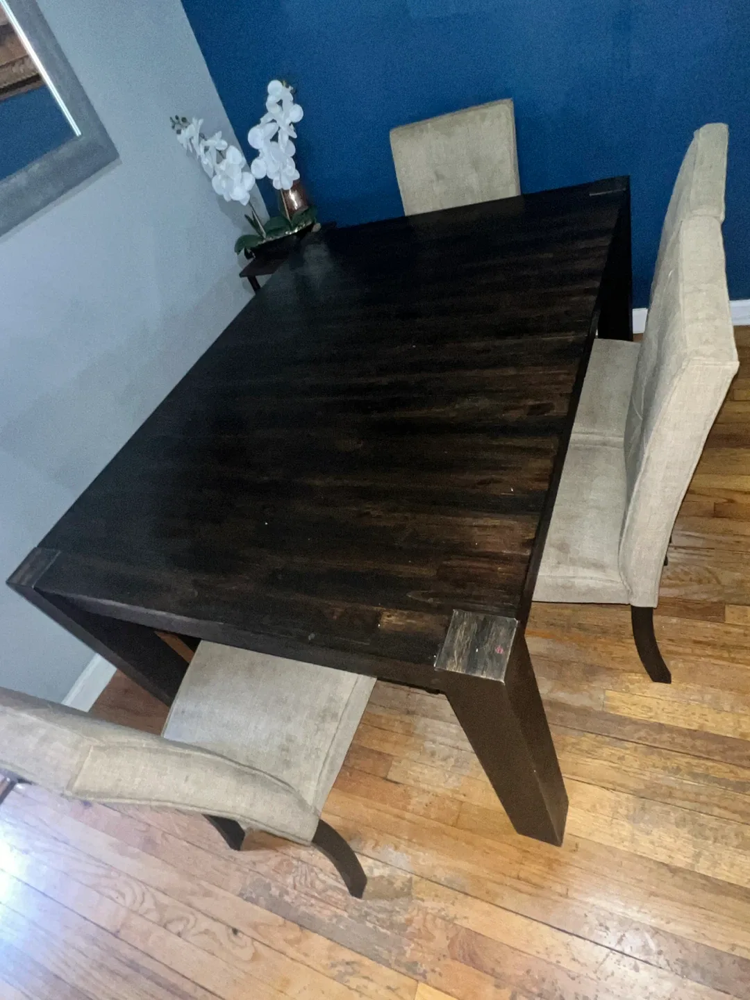 Dark Wood Dining Table with 3 Chairs & Bench image indicator(4)