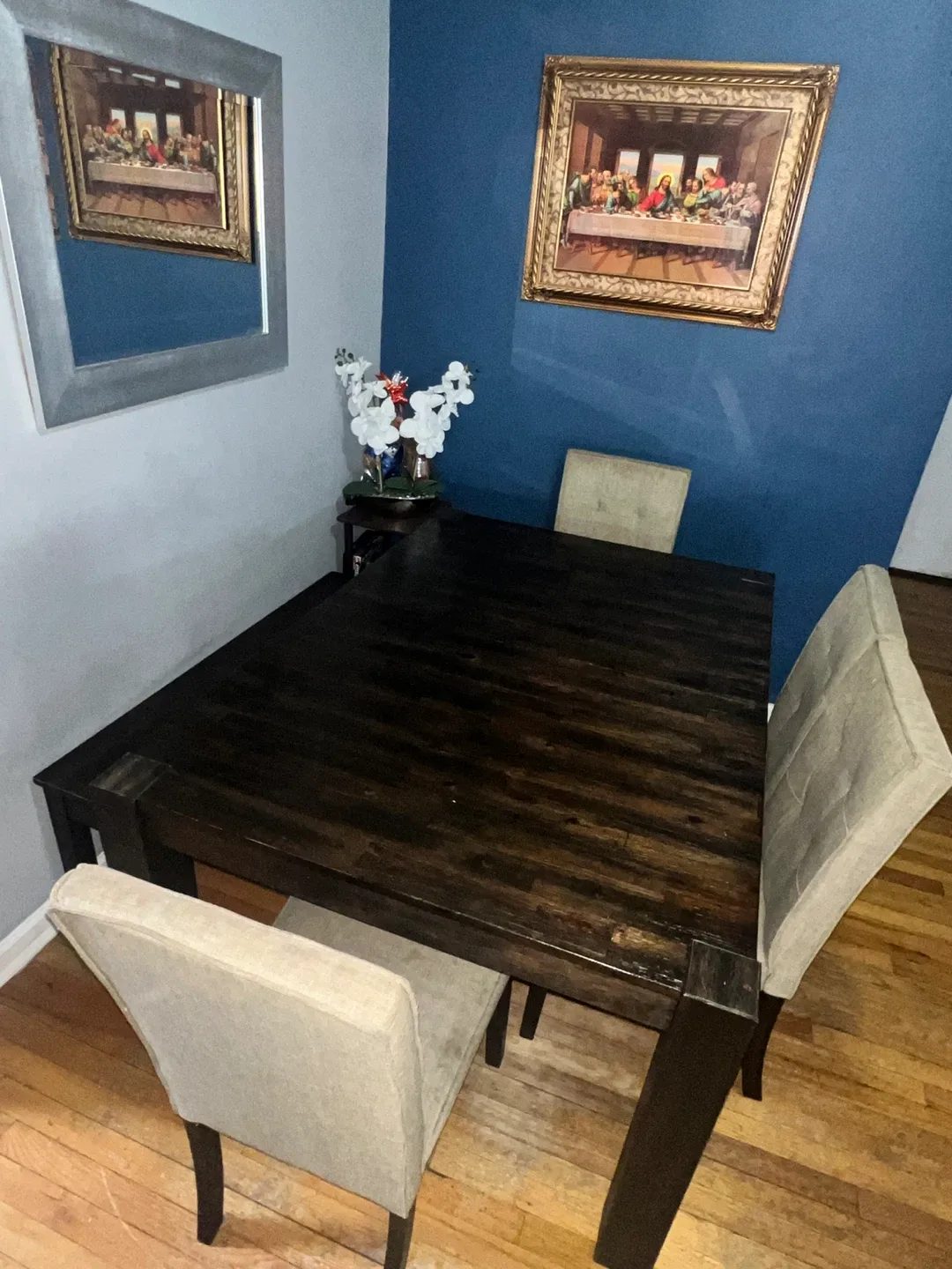 Dark Wood Dining Table with 3 Chairs & Bench image indicator(2)