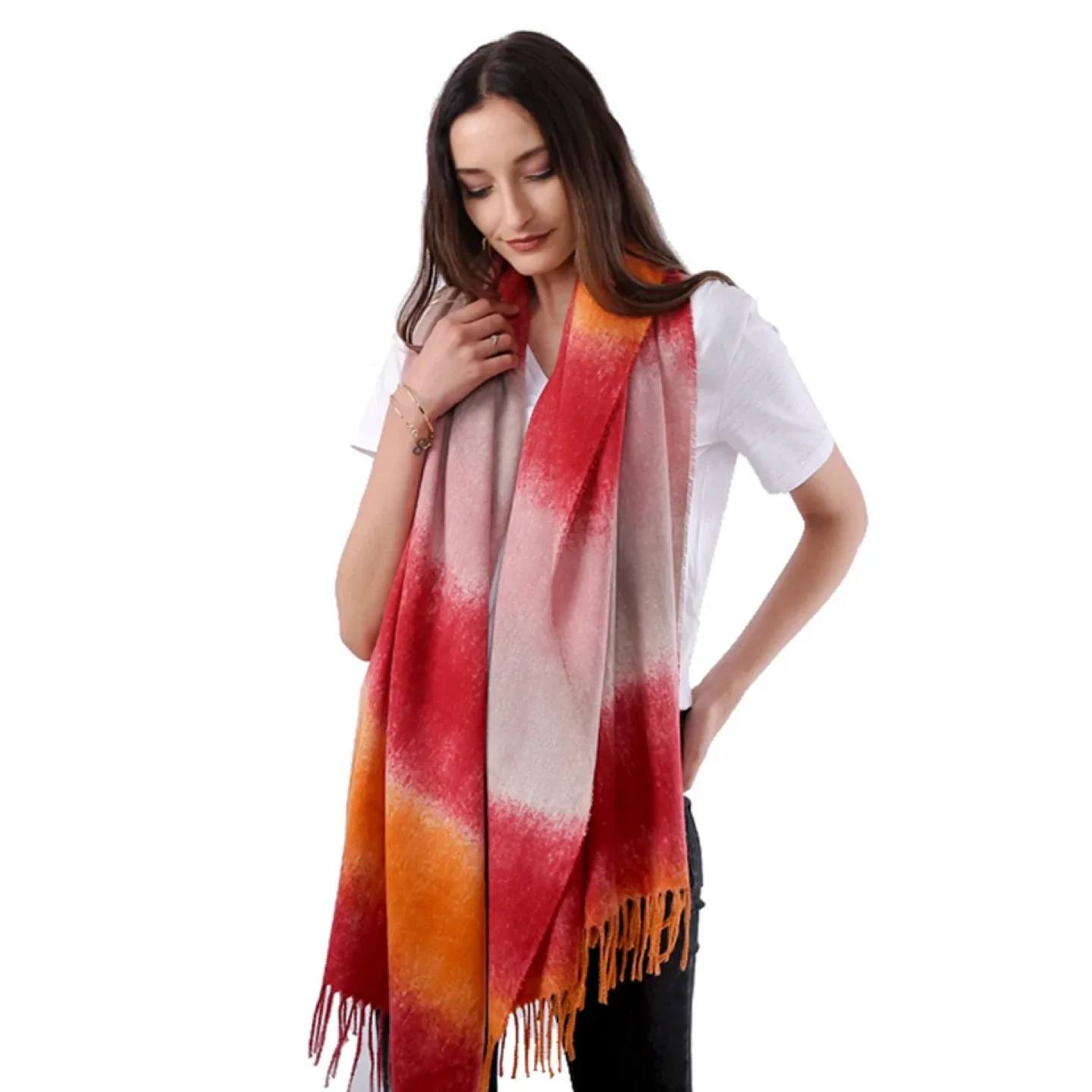 Scarf/Shawl - Orange, Red, Light Grey, Light Pink