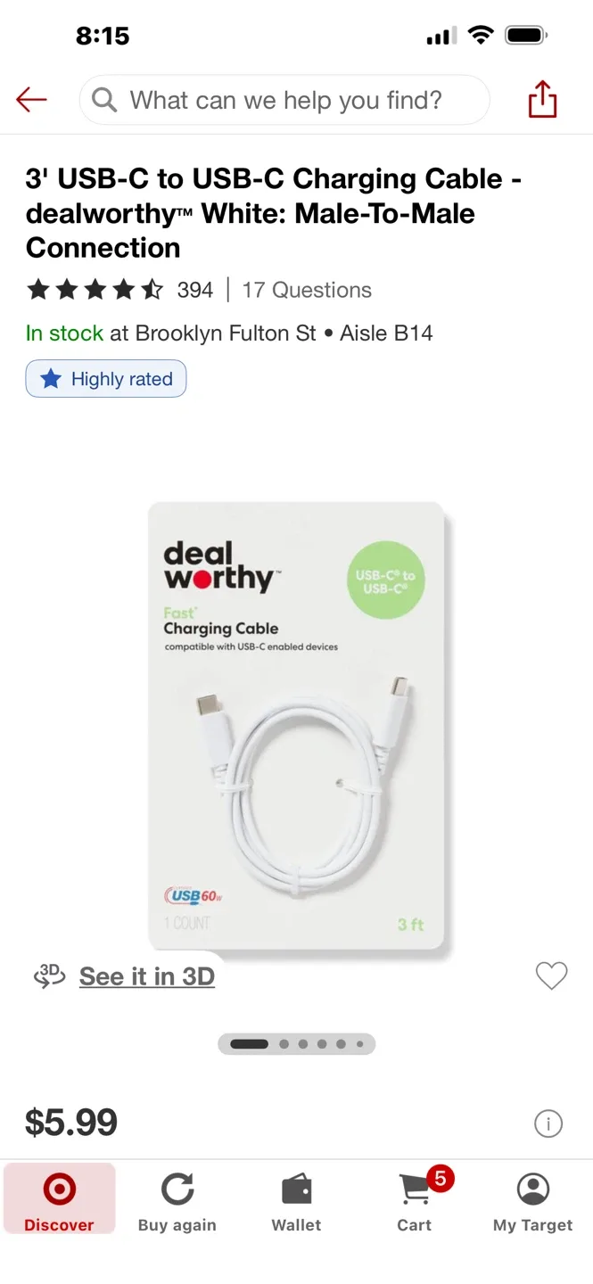 Dealworthy USB-C to USB-C Fast Charging Cable - 3ft - White thumbnail
