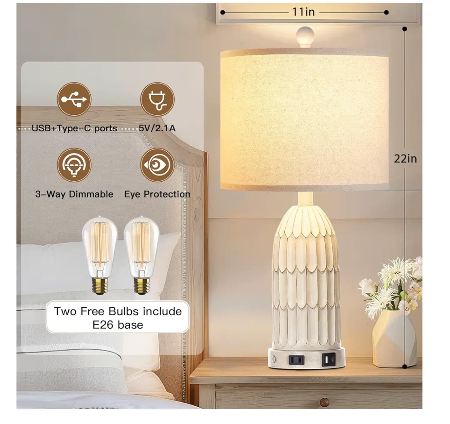 Dimmable Bedside Table Lamp with USB Ports image indicator(3)